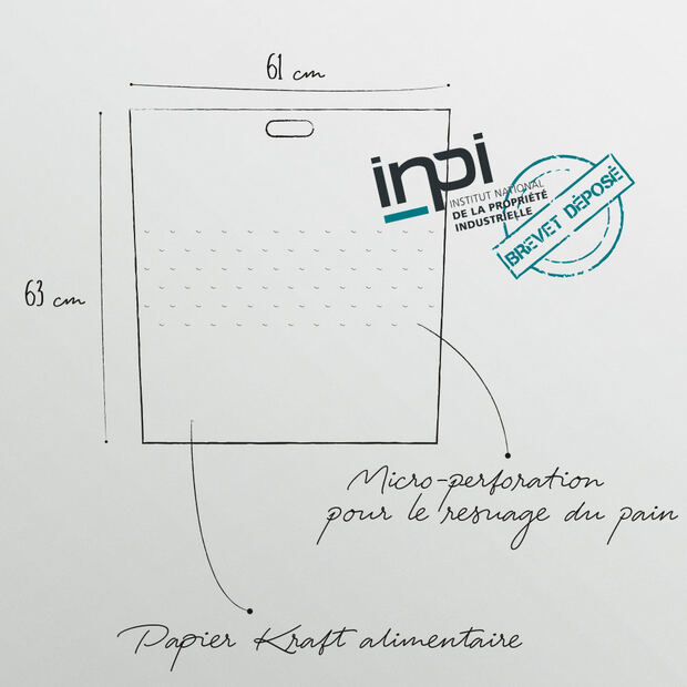 Schéma coté de la housse Panibag : 61 cm de large, 63 cm de haut, papier kraft alimentaire micro-perforé, brevet déposé